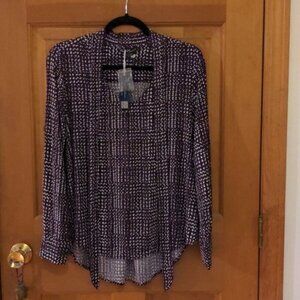 Velvet Heart Plum and White Polkadot Hi Lo Hem Tie Neck Long Sleeve Blouse M